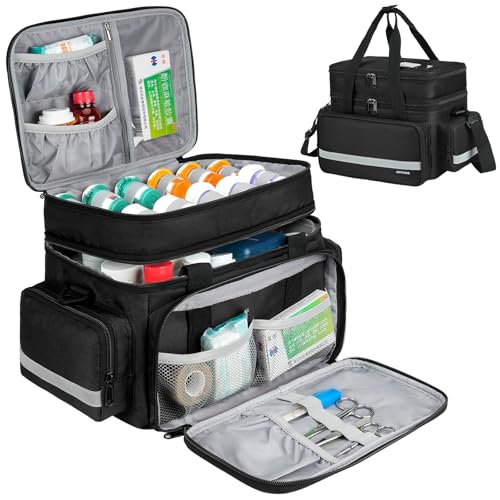 Large Pill Bottle Organizer Double Layers Medicine Storage Bag with Lockable Zippers and Shoulder StrapMedication Travel Bag for Prescription Bottles Vitamins Medical Supplies Black Bag Only